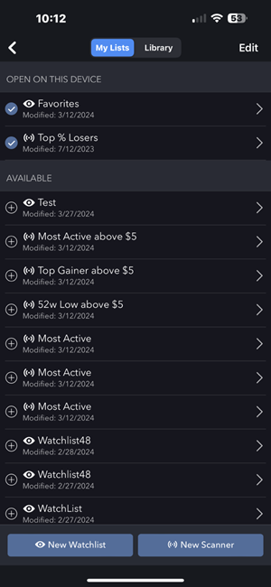 The manage watchlists and scanners menu on iPhone. 